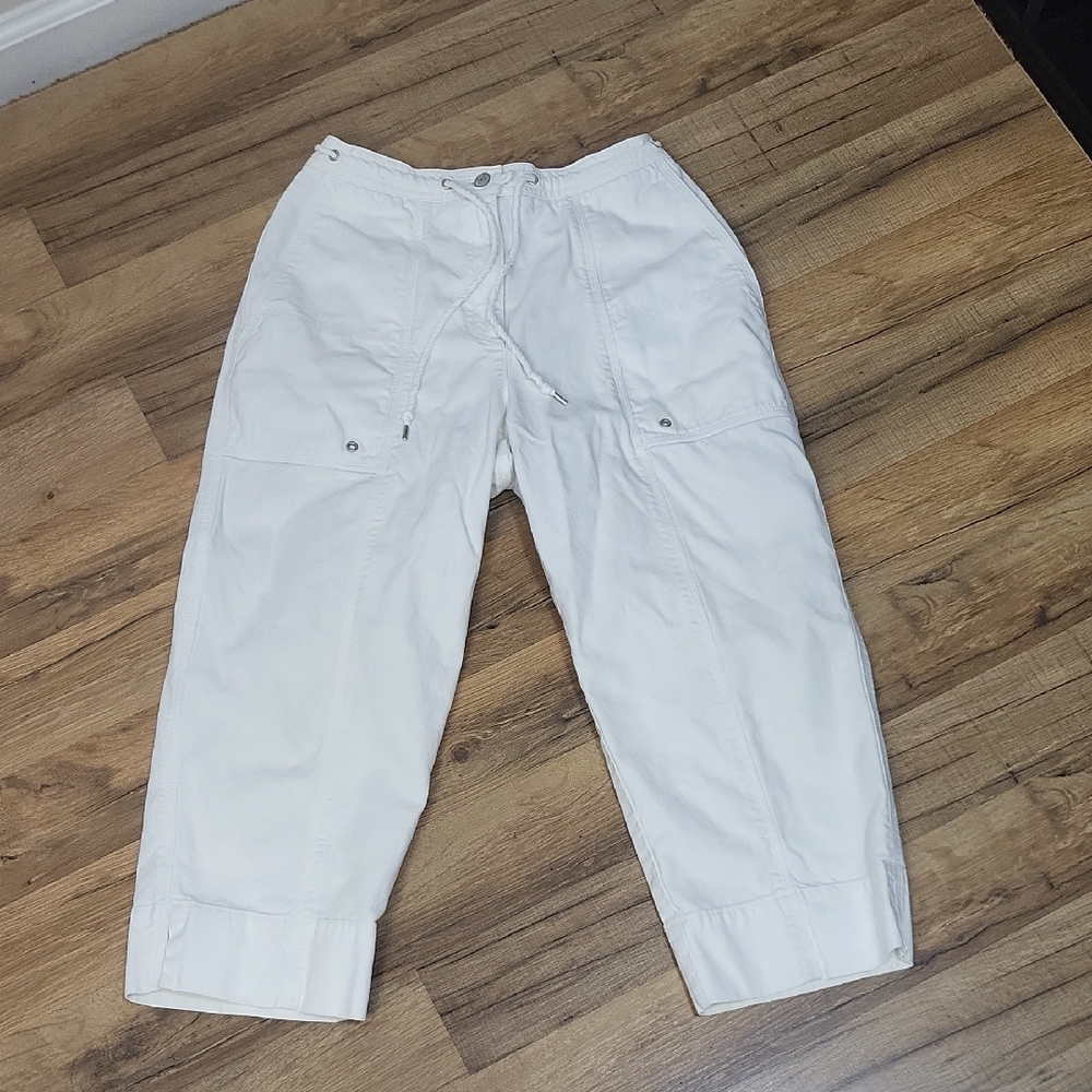 LAUREN RALPH LAUREN White Cotton Drawstring Waist Large Pocket Capris